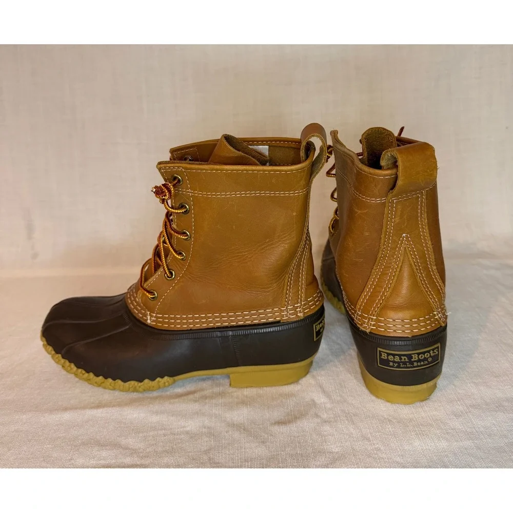 LL Bean Boots 8 Inch Duck Boots Brown Tan Leather Waterproof Mens 10 Made in USA